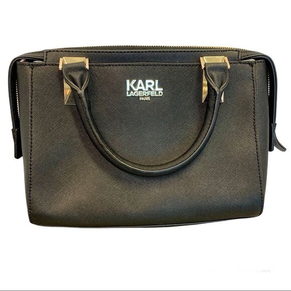 KARL Lagerfeld black leather gold hardware crossbody shoulder bag purse - Picture 1 of 11